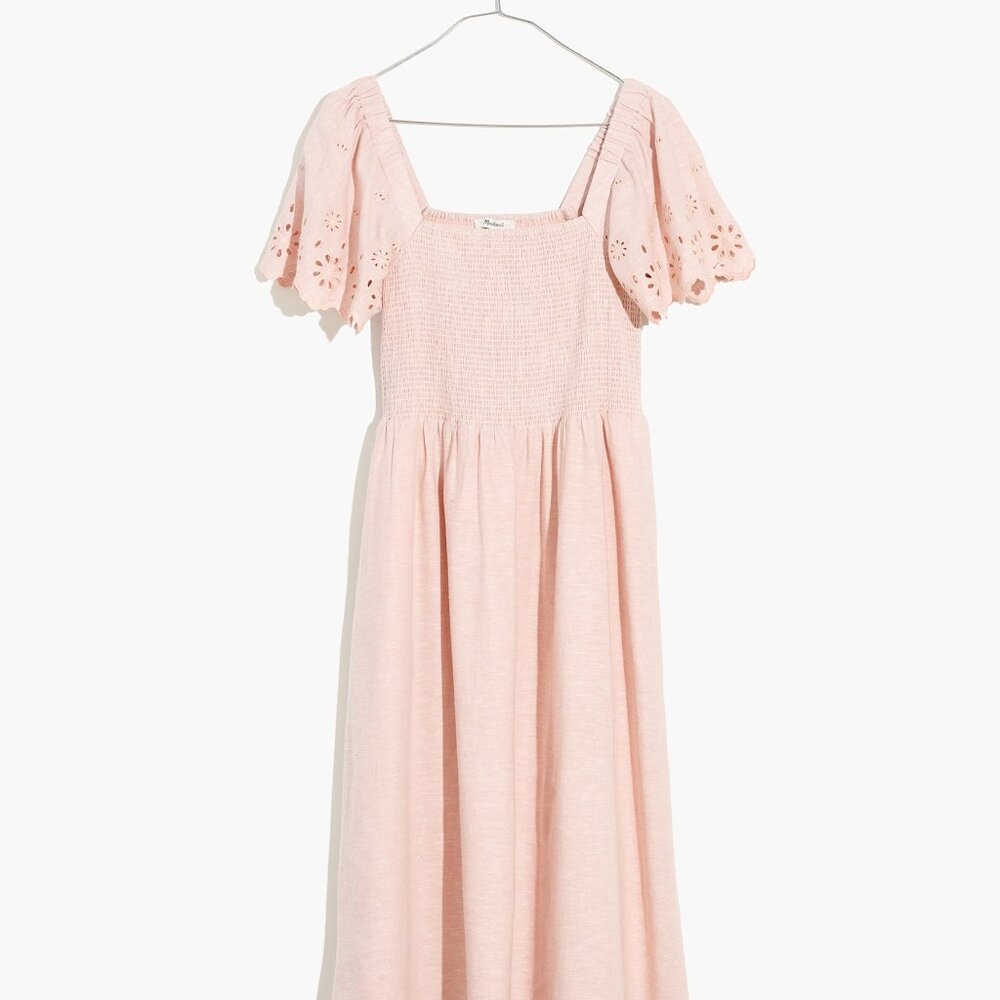 Madewell Linen-Blend Eyelet-Sleeve Lucie Smocked Midi Dress